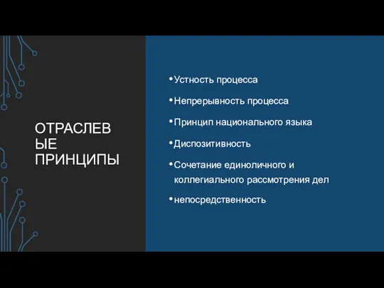 ОТРАСЛЕВЫЕ ПРИНЦИПЫ Устность процесса Непрерывность процесса Принцип национального языка Диспозитивность Сочетание единоличного