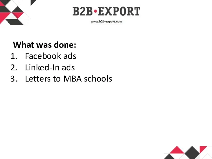 What was done: Facebook ads Linked-In ads Letters to MBA schools