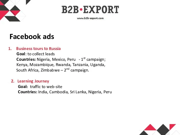 Facebook ads Business tours to Russia Goal: to collect leads Countries: Nigeria,