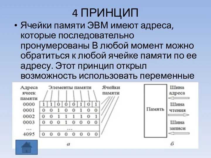 4 ПРИНЦИП Ячейки памяти ЭВМ имеют адреса, которые последовательно пронумерованы В любой