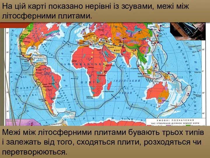 Межі між літосферними плитами бувають трьох типів і залежать від того, сходяться