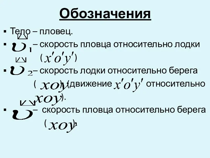 Обозначения Тело – пловец. – скорость пловца относительно лодки ( ) –