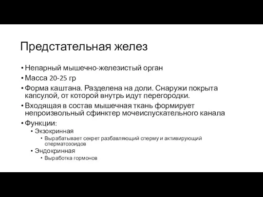 Предстательная желез Непарный мышечно-железистый орган Масса 20-25 гр Форма каштана. Разделена на