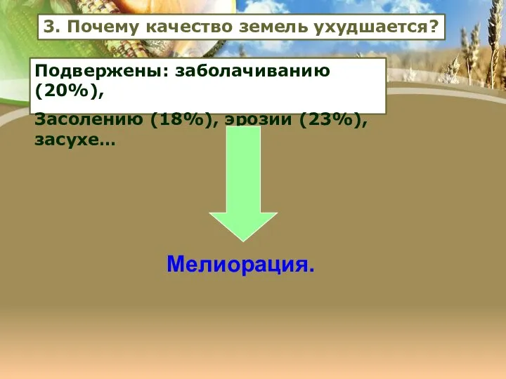 Мелиорация. 3. Почему качество земель ухудшается? Подвержены: заболачиванию (20%), Засолению (18%), эрозии (23%), засухе…