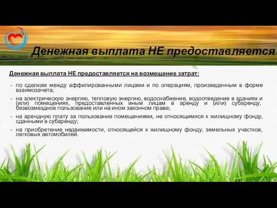 Денежная выплата НЕ предоставляется Денежная выплата НЕ предоставляется на возмещение затрат: по