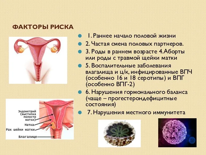 ФАКТОРЫ РИСКА 1. Раннее начало половой жизни 2. Частая смена половых партнеров.