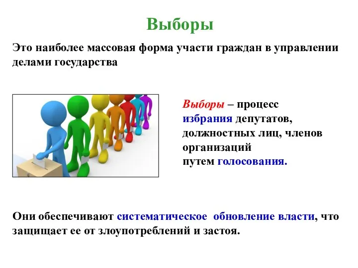 Выборы Это наиболее массовая форма участи граждан в управлении делами государства Выборы