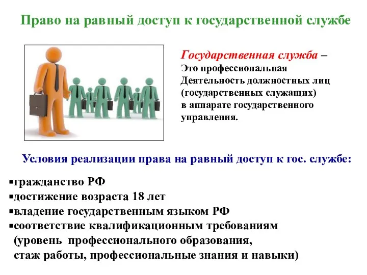 Право на равный доступ к государственной службе Государственная служба – Это профессиональная