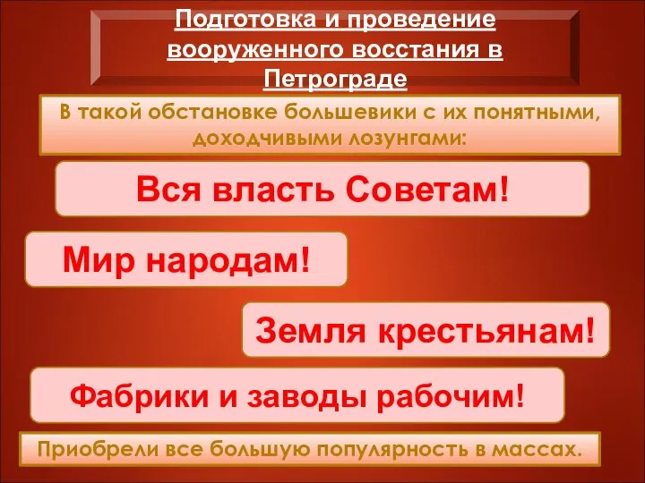 В такой обстановке большевики с их понятными, доходчивыми лозунгами: Подготовка и проведение