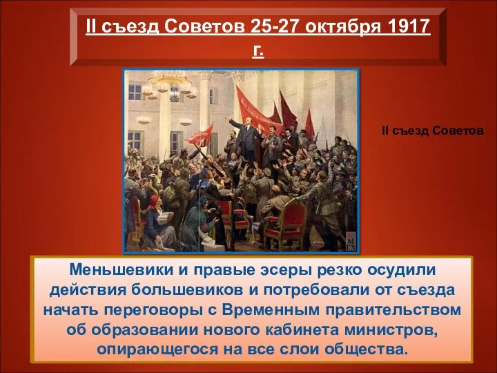 Вечером 25 октября открылся II Всероссийский съезд Советов рабочих и солдатских депутатов.