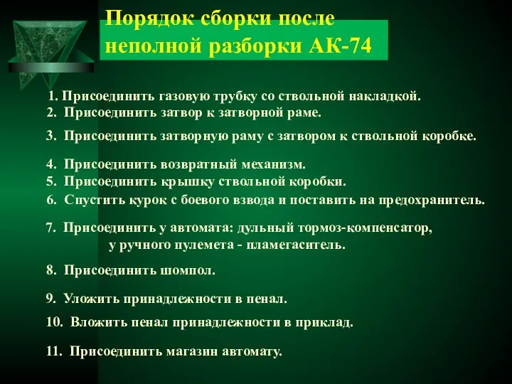 Порядок сборки после неполной разборки АК-74 1. Присоединить газовую трубку со ствольной