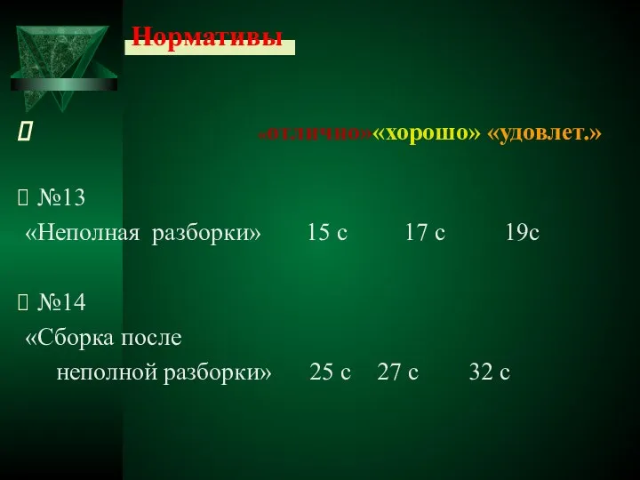 Нормативы «отлично»«хорошо» «удовлет.» №13 «Неполная разборки» 15 с 17 с 19с №14