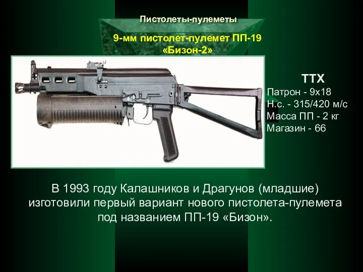 Пистолеты-пулеметы 9-мм пистолет-пулемет ПП-19 «Бизон-2» ТТХ Патрон - 9х18 Н.с. - 315/420