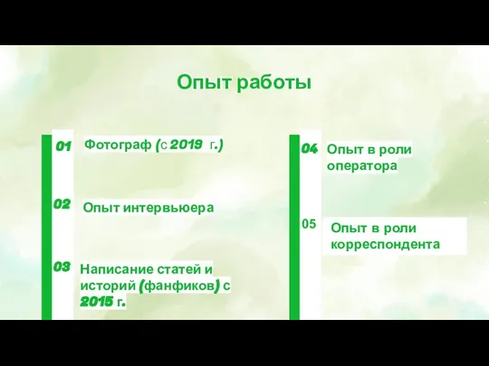 Опыт работы Написание статей и историй (фанфиков) с 2015 г. Опыт интервьюера