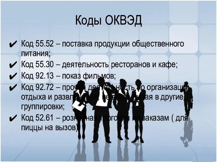 Коды ОКВЭД Код 55.52 – поставка продукции общественного питания; Код 55.30 –