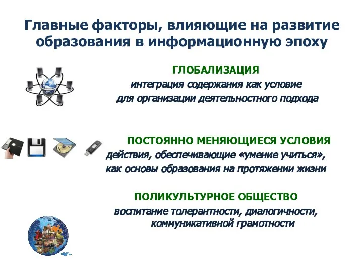 Главные факторы, влияющие на развитие образования в информационную эпоху ГЛОБАЛИЗАЦИЯ интеграция содержания