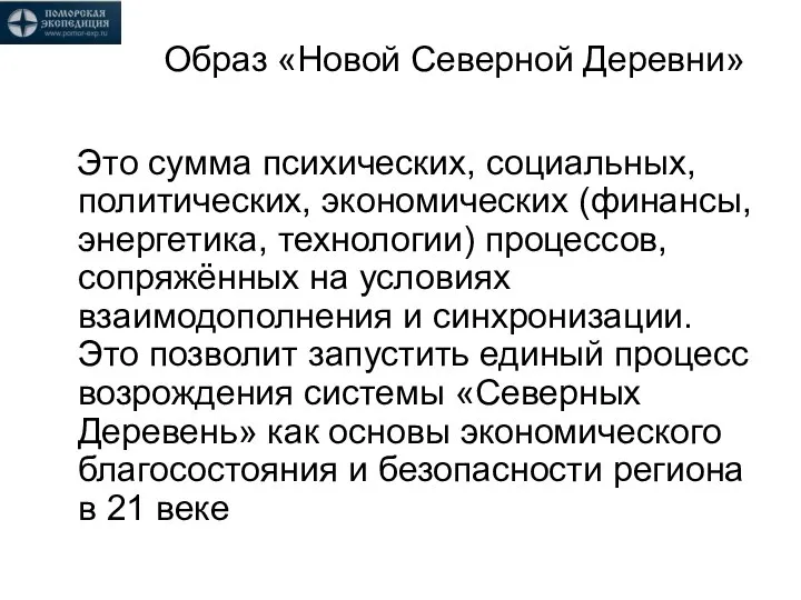 Образ «Новой Северной Деревни» Это сумма психических, социальных, политических, экономических (финансы, энергетика,