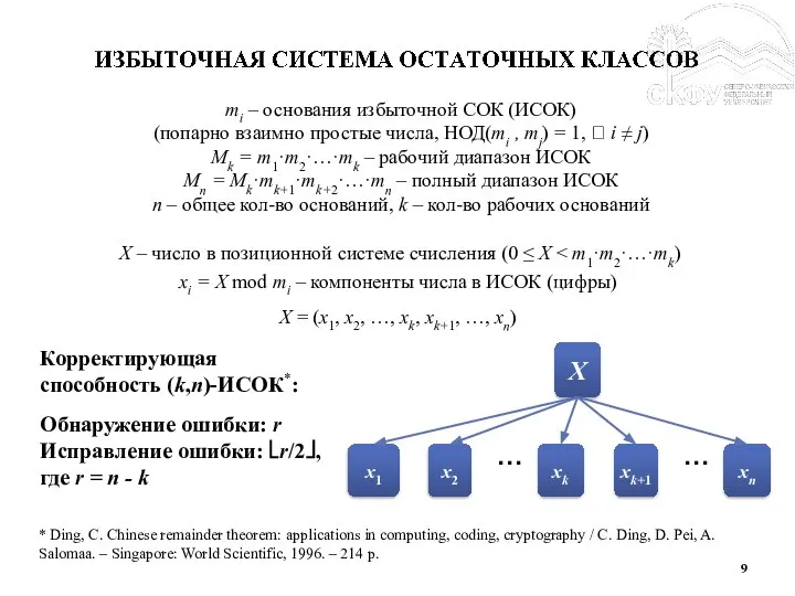 * Ding, C. Chinese remainder theorem: applications in computing, coding, cryptography /