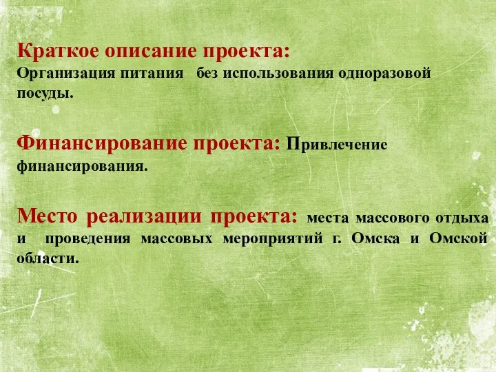 Краткое описание проекта: Организация питания без использования одноразовой посуды. Финансирование проекта: Привлечение