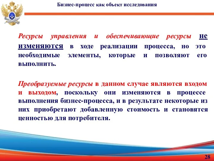 Бизнес-процесс как объект исследования Ресурсы управления и обеспечивающие ресурсы не изменяются в