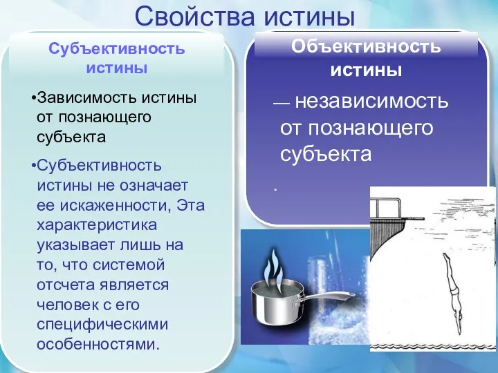 Свойства истины Зависимость истины от познающего субъекта Субъективность истины не означает ее