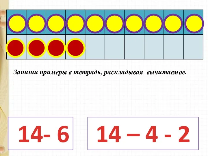 14- 6 14 – 4 - 2 Запиши примеры в тетрадь, раскладывая вычитаемое.