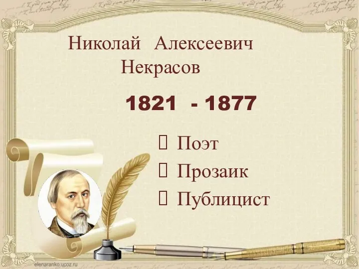Николай Алексеевич Некрасов 1821 - 1877 Поэт Прозаик Публицист