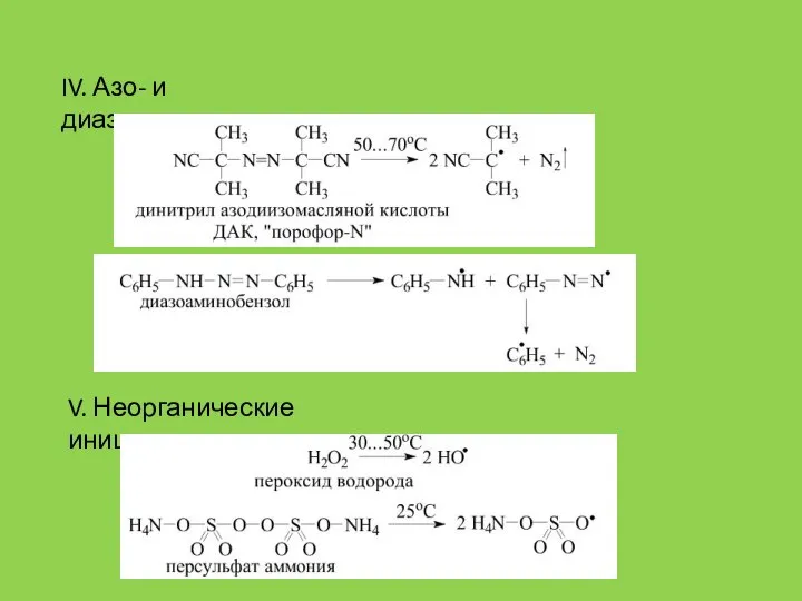 IV. Азо- и диазосоединения V. Неорганические инициаторы