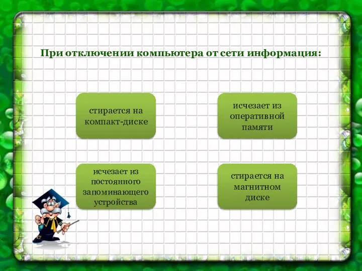 При отключении компьютера от сети информация: исчезает из оперативной памяти исчезает из