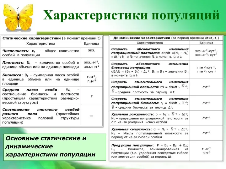 Основные статические и динамические характеристики популяции Характеристики популяций