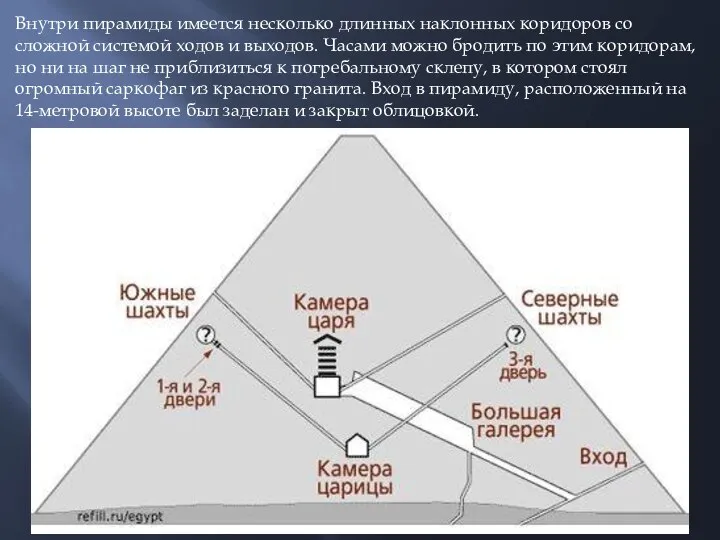 Внутри пирамиды имеется несколько длинных наклонных коридоров со сложной системой ходов и