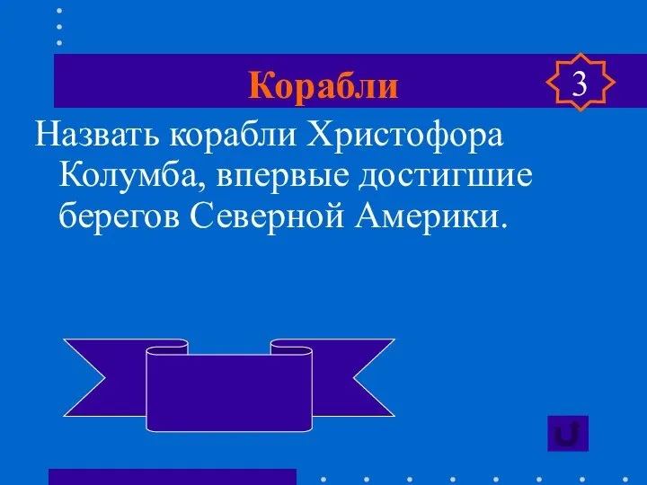 Корабли Назвать корабли Христофора Колумба, впервые достигшие берегов Северной Америки. «Санта- Мария», «Пинта», «Нинья» 3