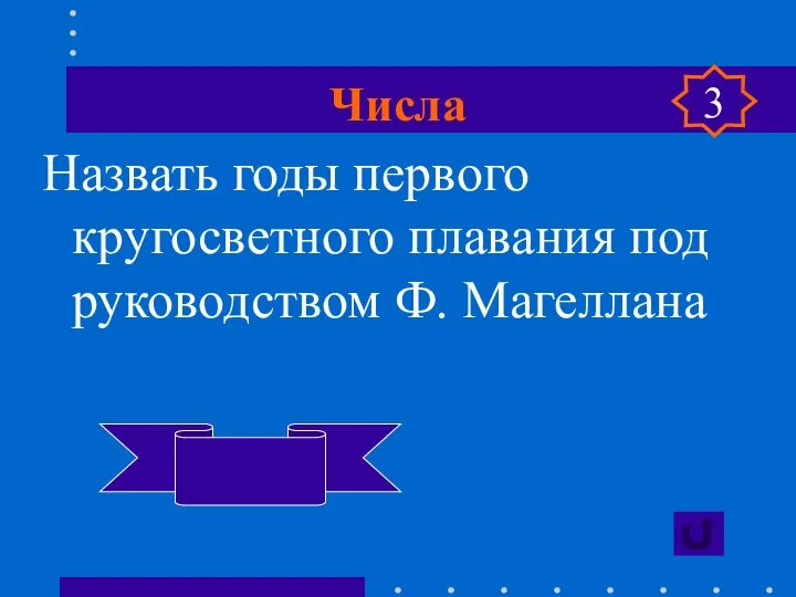 Числа Назвать годы первого кругосветного плавания под руководством Ф. Магеллана 1519-1521 3