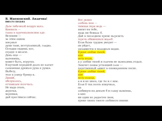 В. Маяковский. Лиличка! ВМЕСТО ПИСЬМА Дым табачный воздух выел. Комната — глава