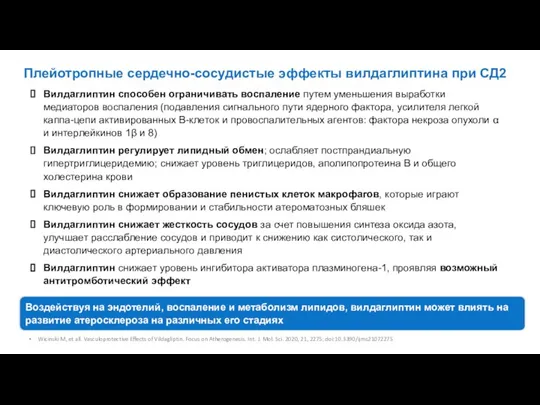 Плейотропные сердечно-сосудистые эффекты вилдаглиптина при СД2 Wicinski M, et all. Vasculoprotective Effects