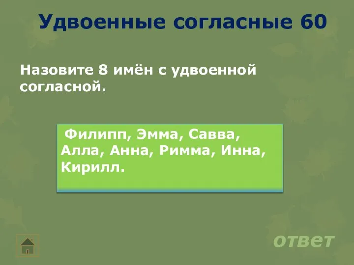 Удвоенные согласные 60 ответ Назовите 8 имён с удвоенной согласной. Филипп, Эмма,