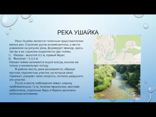 РЕКА УШАЙКА Река Ушайка является типичным представителем малых рек. Строение русла ассиметричное,