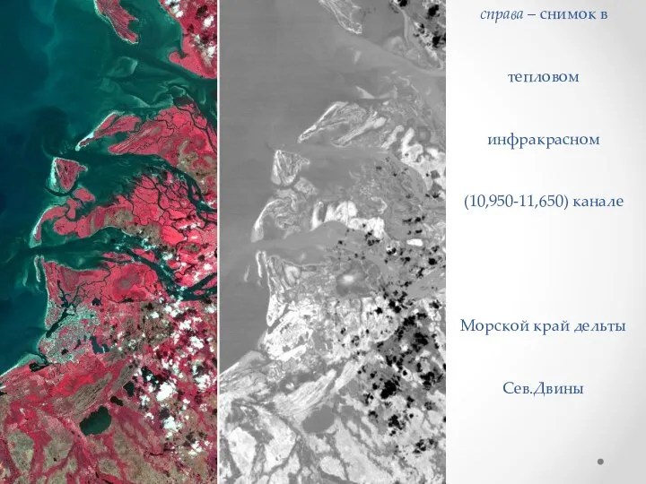 ETM+/Landsat. слева – цветное изображение, синтезированное из 4 (0,76-0,90), 3 (0,63-0,69) и