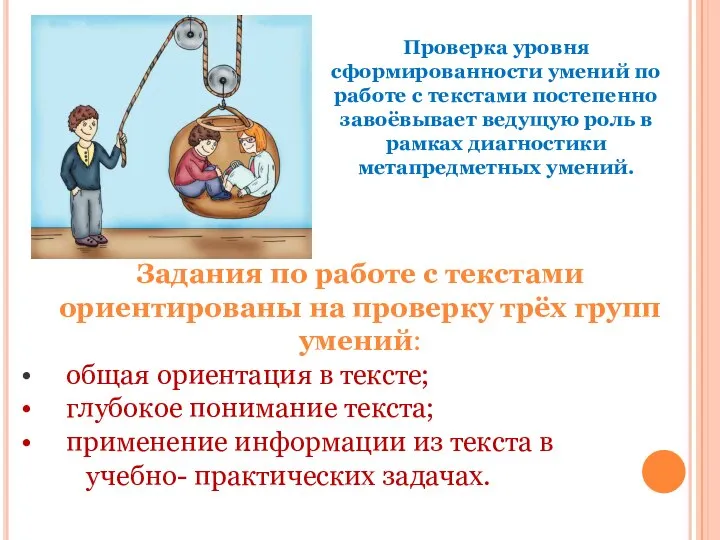 Проверка уровня сформированности умений по работе с текстами постепенно завоёвывает ведущую роль