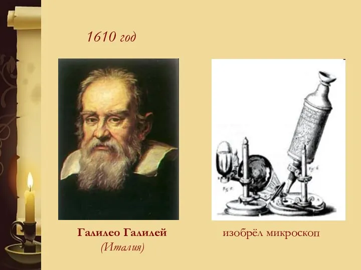1610 год Галилео Галилей (Италия) изобрёл микроскоп