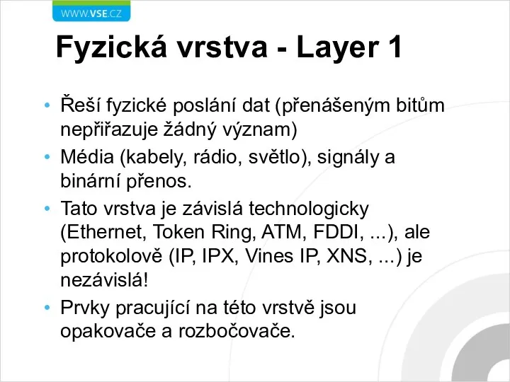 Fyzická vrstva - Layer 1 Řeší fyzické poslání dat (přenášeným bitům nepřiřazuje