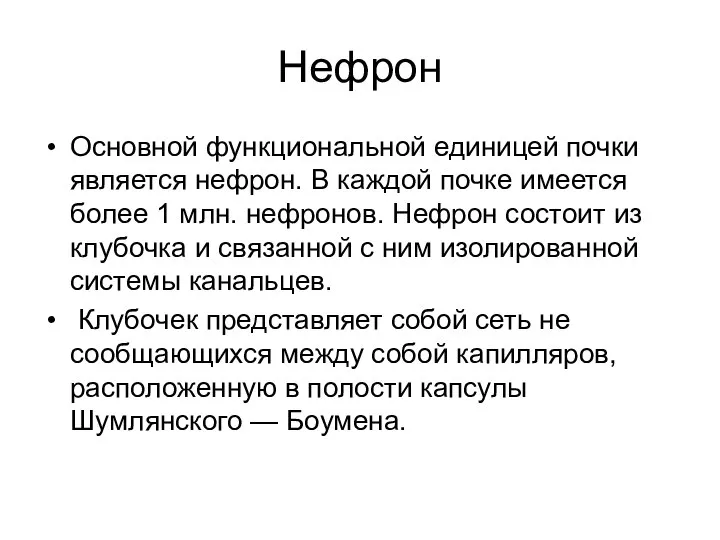 Нефрон Основной функциональной единицей почки является нефрон. В каждой почке имеется более