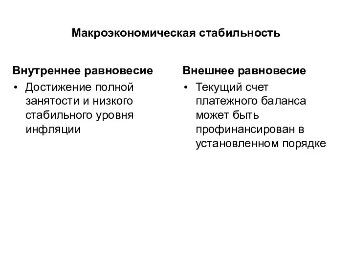 Макроэкономическая стабильность Внутреннее равновесие Достижение полной занятости и низкого стабильного уровня инфляции