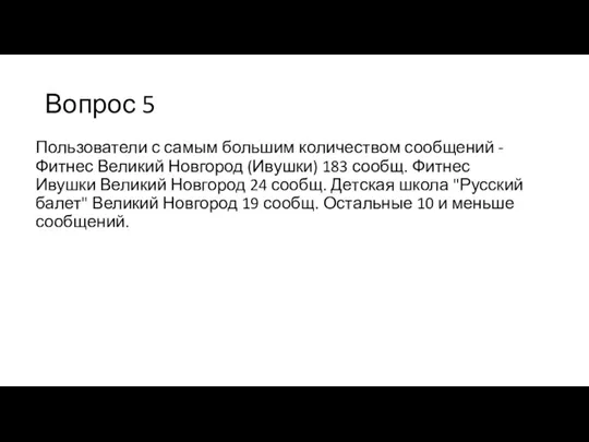 Вопрос 5 Пользователи с самым большим количеством сообщений -Фитнес Великий Новгород (Ивушки)