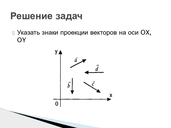 Указать знаки проекции векторов на оси OX, OY Решение задач
