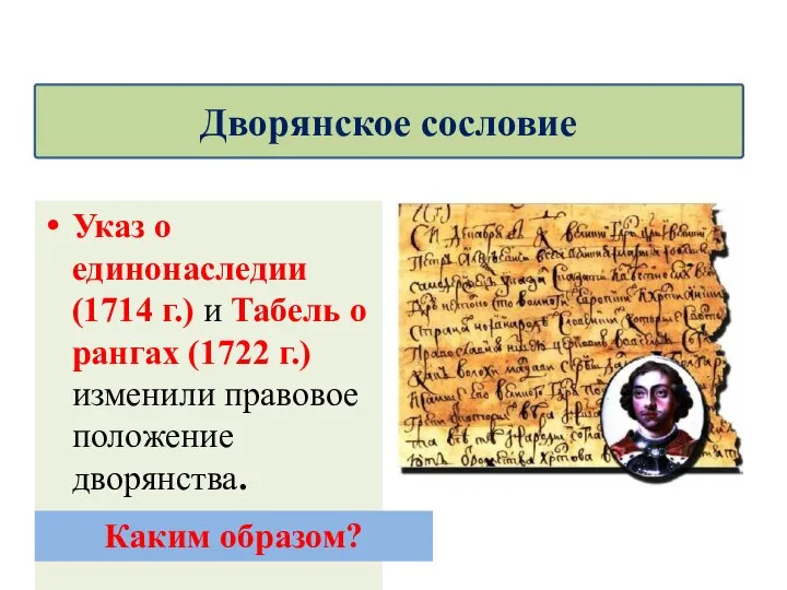Указ о единонаследии (1714 г.) и Табель о рангах (1722 г.) изменили