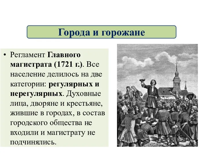 Регламент Главного магистрата (1721 г.). Все население делилось на две категории: регулярных