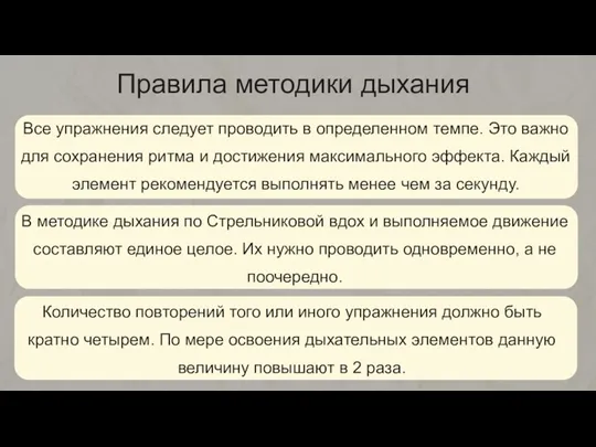 Правила методики дыхания Все упражнения следует проводить в определенном темпе. Это важно