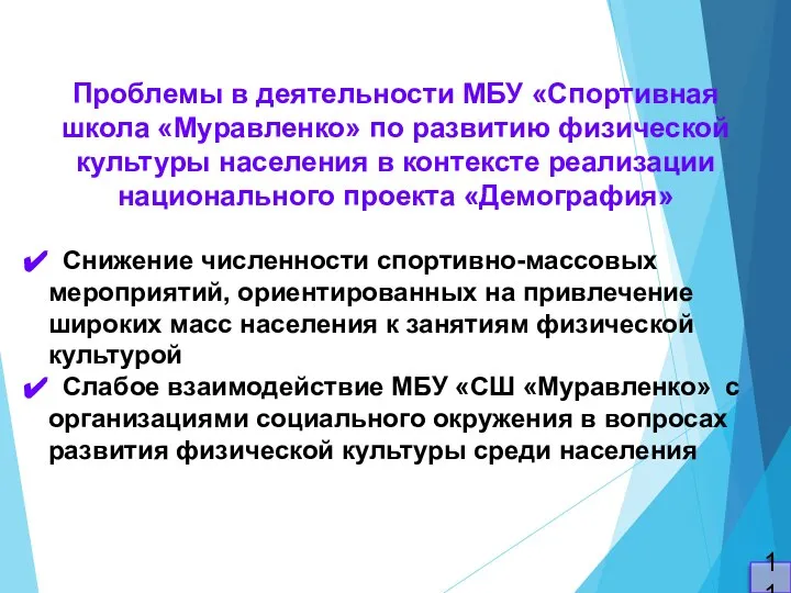 11 Проблемы в деятельности МБУ «Спортивная школа «Муравленко» по развитию физической культуры