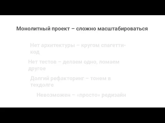 Монолитный проект – сложно масштабироваться Нет архитектуры – кругом спагетти-код Долгий рефакторинг